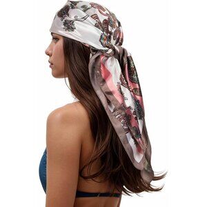 Women's White/Taupe Head Scarf Like Silk Printed Square Hair Bandanas 35 Inches